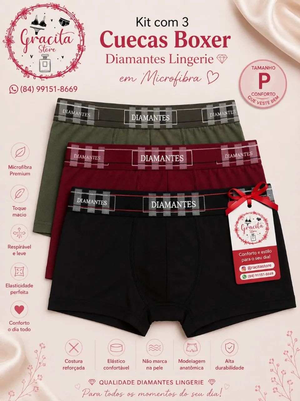 Kit com 3 Cuecas Boxer Diamantes Lingerie 