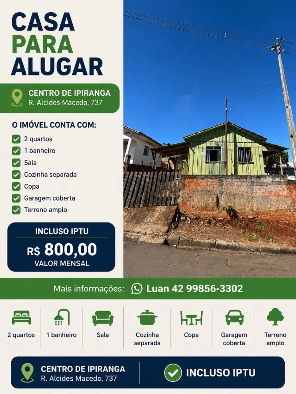 Alugo casa no centro de Ipiranga