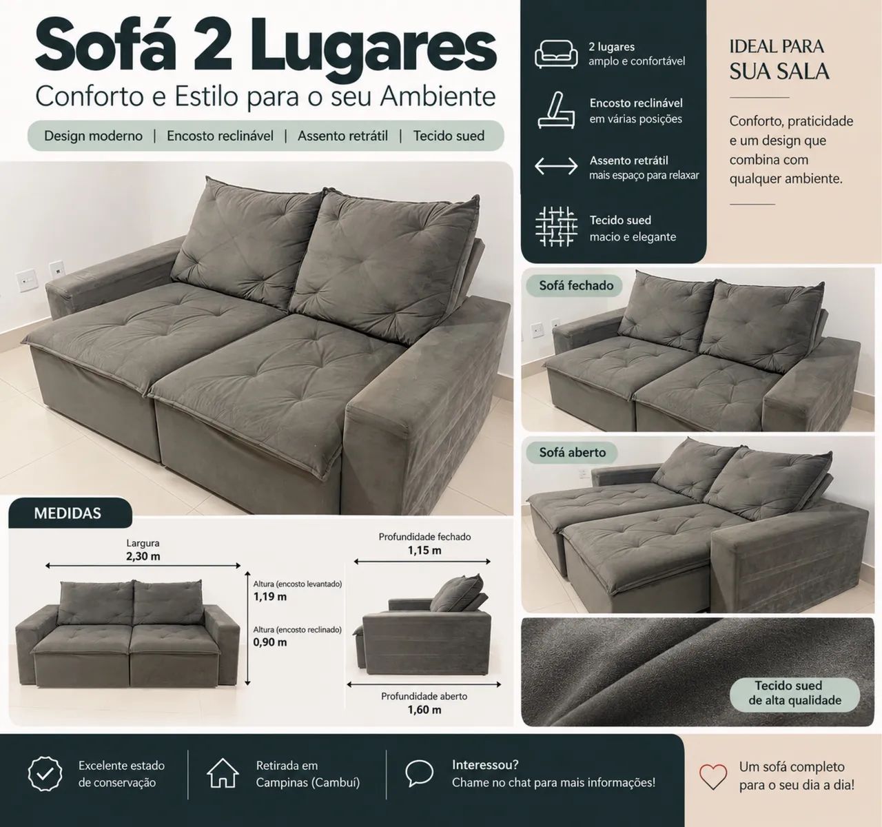 Sofá Retrátil e Reclinável 2 Lugares em Suede - 2,30 m - Foto 4