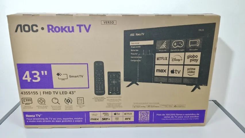 TV AOC, 43" POLEGADAS, SMART ROKU, NOVA NA CAIXA.