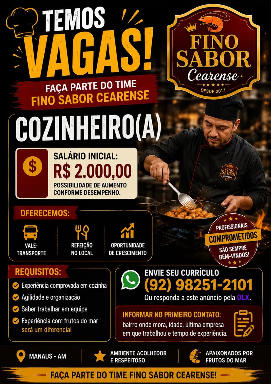 VAGA COZINHEIRO(A) - Parque dez 