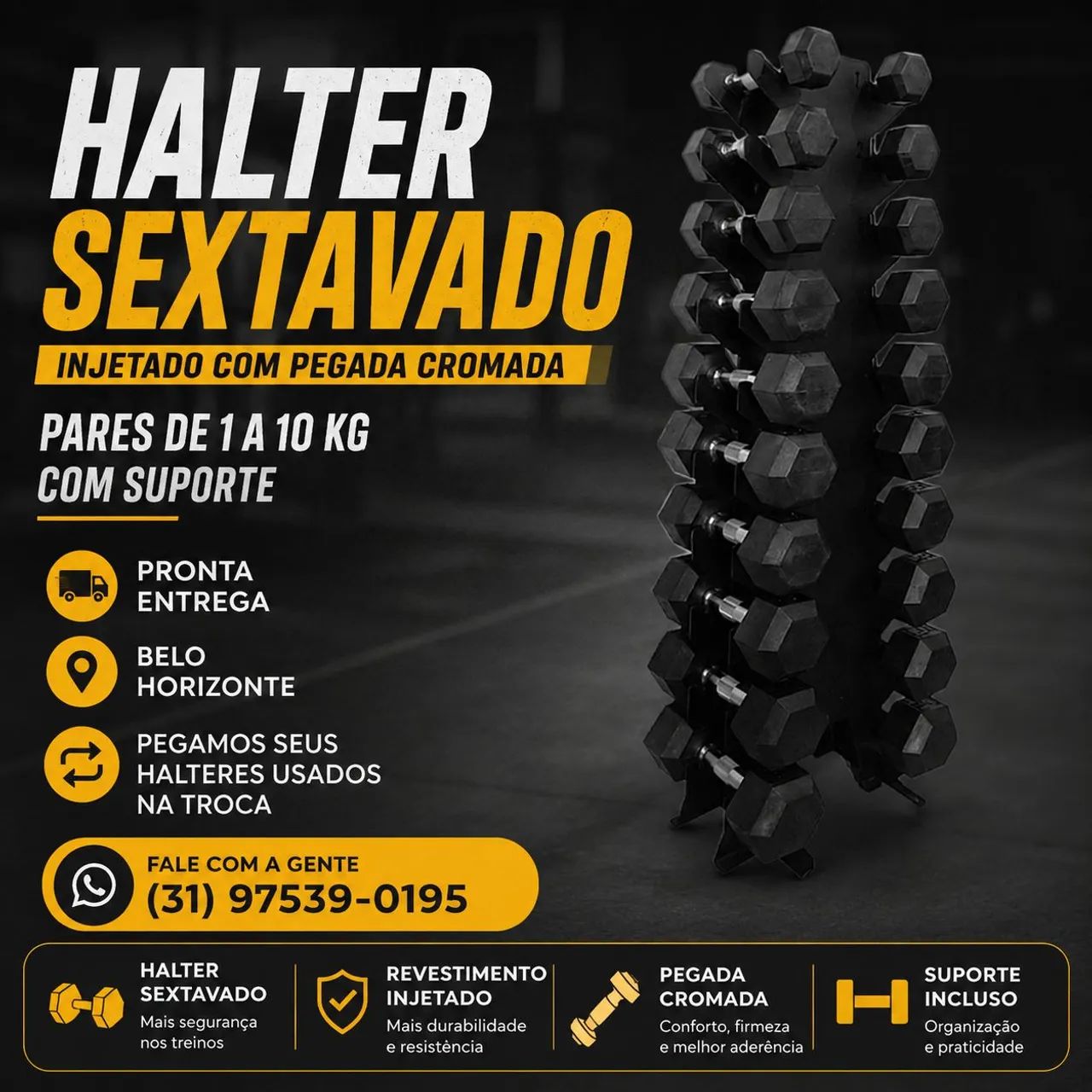 Halter sextavado injetado com pegada cromada 
