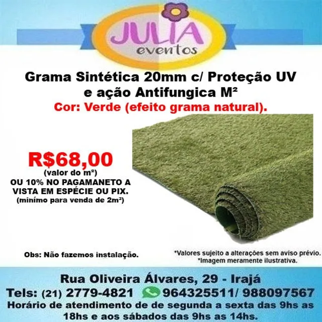 Grama Sintética 20mm c/ Proteção UV e ação Antifungica M²