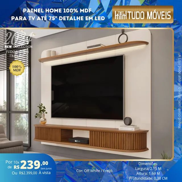 PAINEL HOME 100% MDF P/ TV ATÉ 75" / DETALHE EM LED - 2 PORTAS
