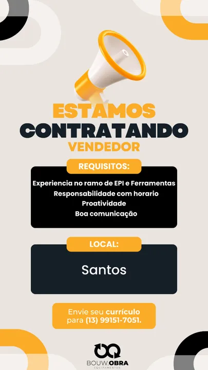 Vendedor - Experiencia em EPI ou Ferramentas | Santos (Vila Nova)
