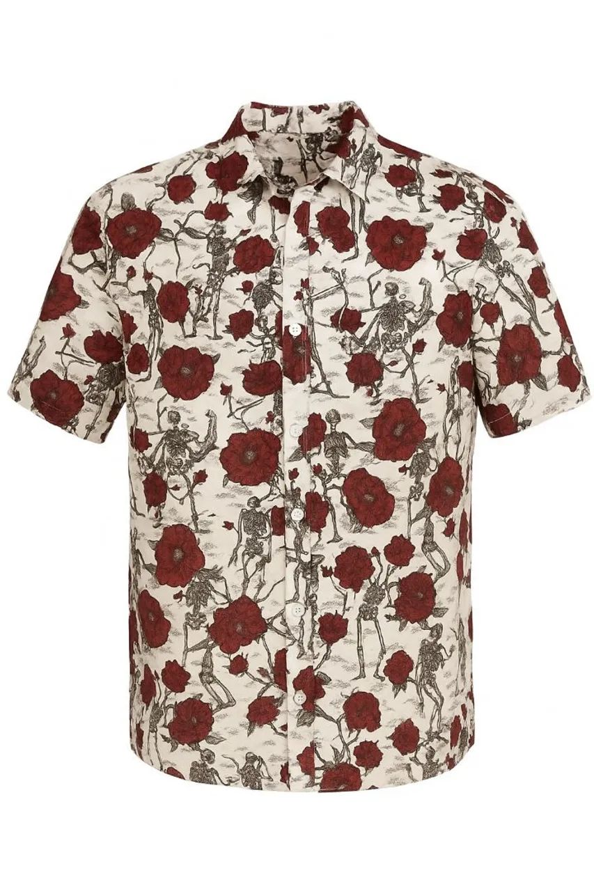 camisa de botão florida com caveiras 