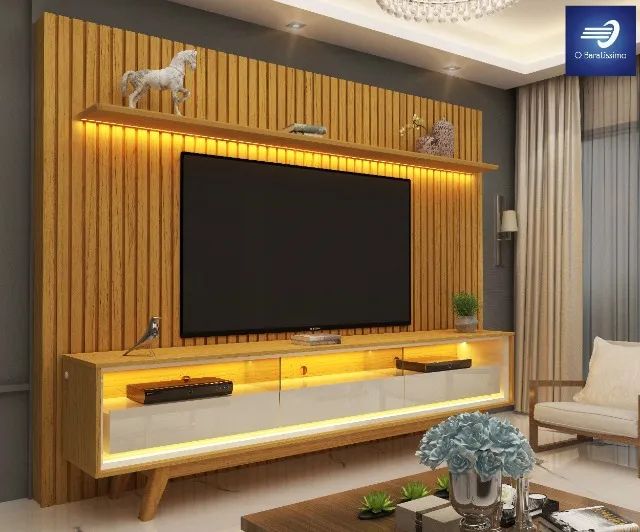 LED Slatted Panel Rack with 3 Drawers and TV Stand for TVs up to 75"