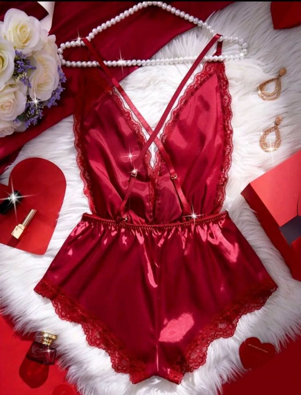 Body Romântico de Cetim com Renda - Vermelho - Foto 2