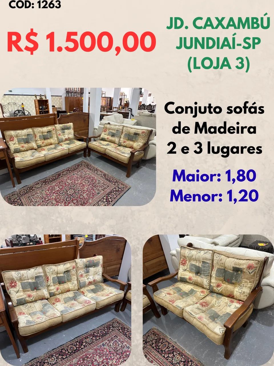 Conjunto de sofás de madeira 2 e 3 lugares
