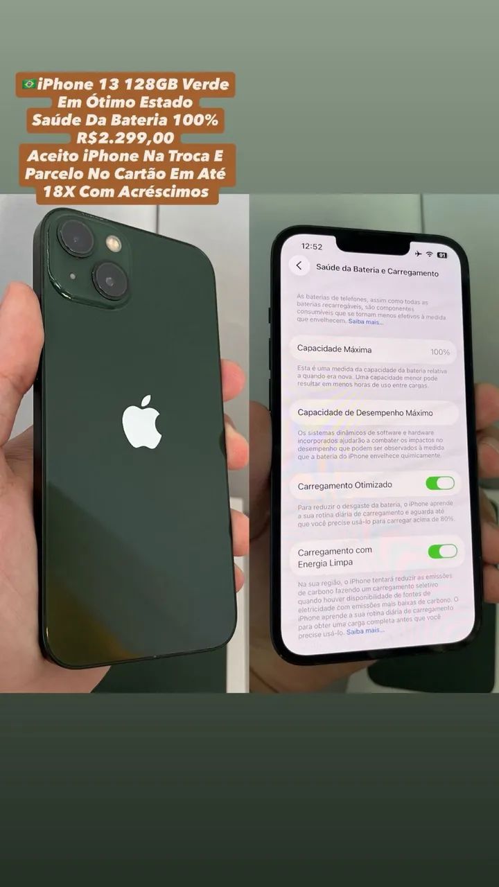 iPhone 13 128GB Verde ( Saúde Da Bateria 100% ) Em Ótimo Estado