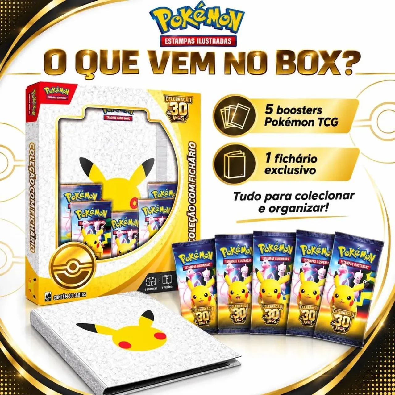 Fichario + 5 Pacotes - 30 anos Pokémon Celebrações
