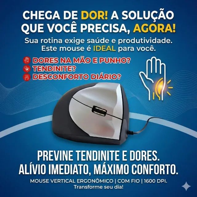 Mouse Vertical Ergonômico Com Fio 1600 DPI Previne Tendinite - Foto 2