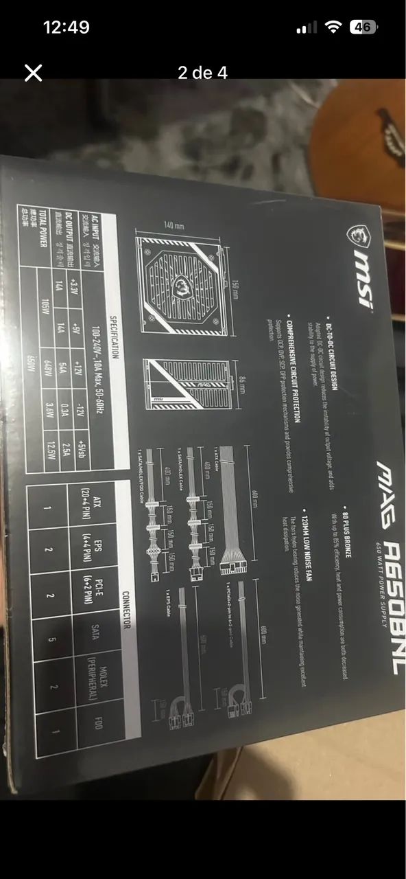 Fonte MSI MAG 650w 80 Plus Bronze NOVA (ainda plastificada) - Foto 3