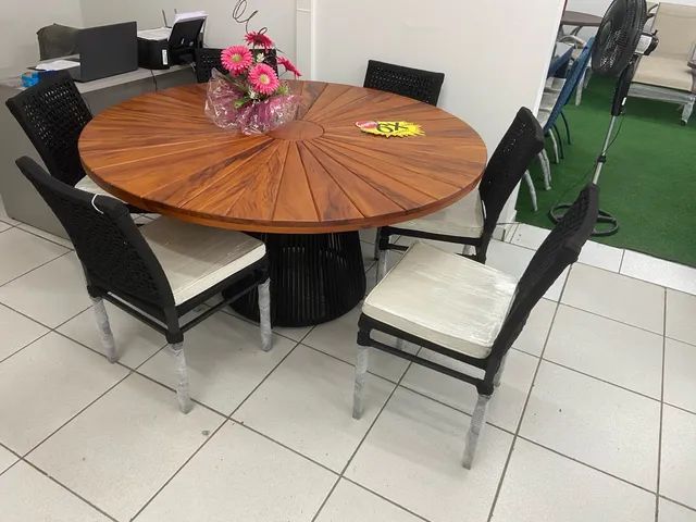 Conjunto mesa Itália tampo madeira perobas / cadeiras corda nautica - Foto 6