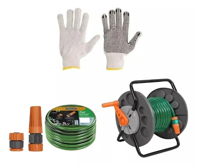 Kit Mangueira Para Jardim 15m Enrolador De Mangueira E Luva
