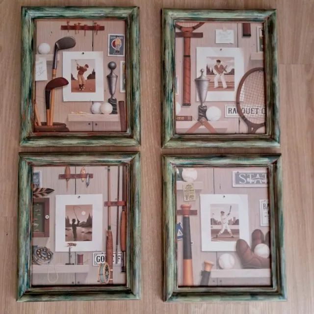 Conjunto 4 Quadros Decorativos com Temas Esportivos - Golfe, Beisebol, Tênis e Pesca