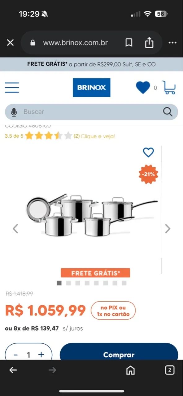 Conjunto de Panelas Brinox 5 Peças - Desconto de 21%
