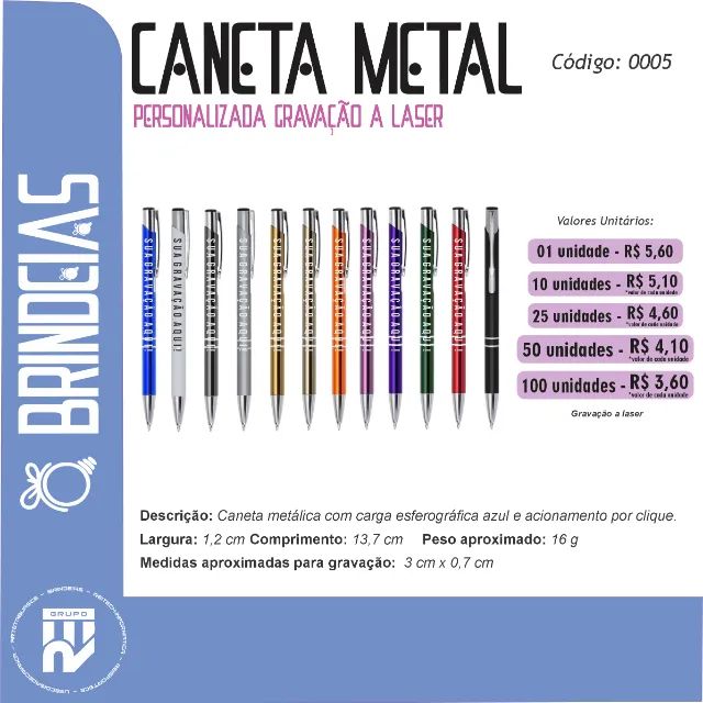 Caneta Metal Personalizada a Laser - Brindeias
