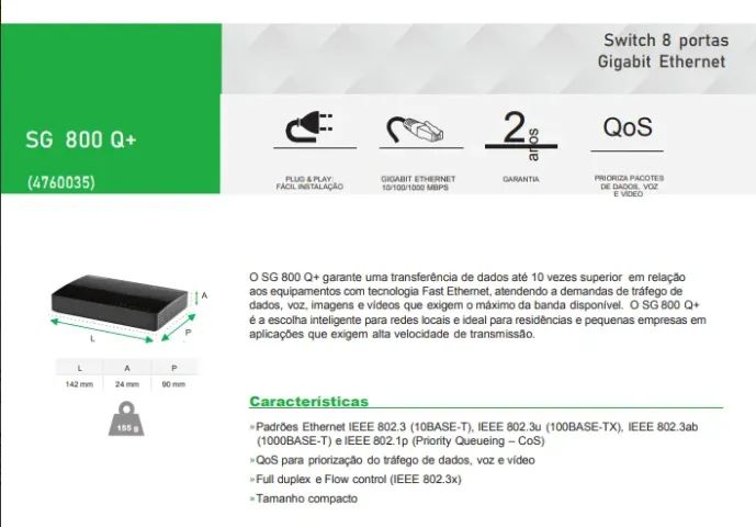 Switch Giga Intelbras -  8 Portas - Sg 800 Q+ - Foto 2