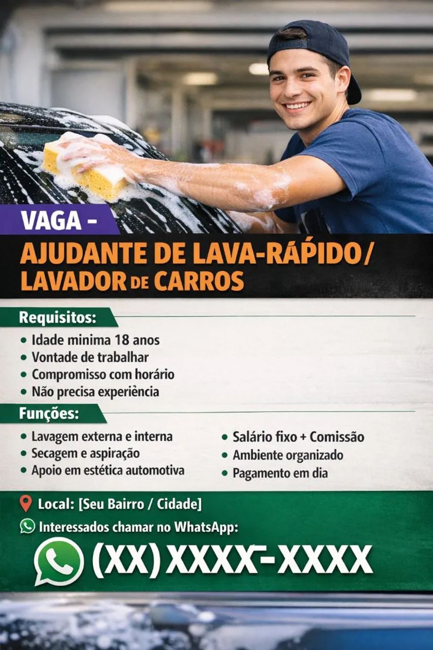 VAGA - AJUDANTE DE LAVA-RÁPIDO / LAVADOR DE CARROS