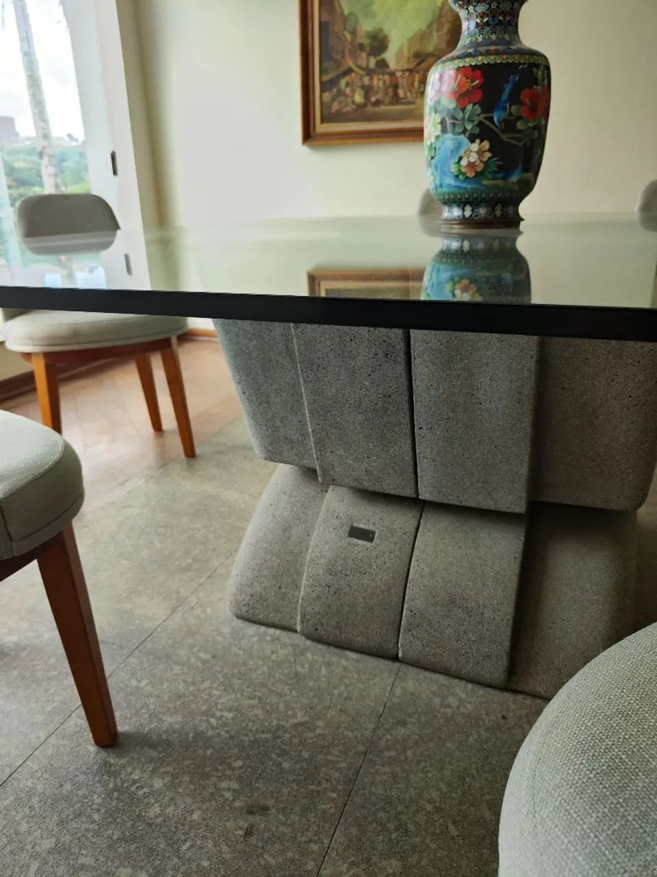 Mesa jantar base pedra com vidro obra arte  - Foto 3