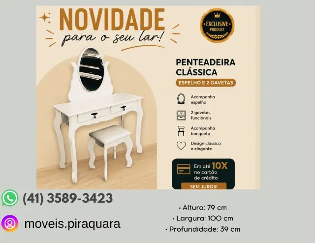 Penteadeira Clássica com Espelho, 2 Gavetas e Banqueta