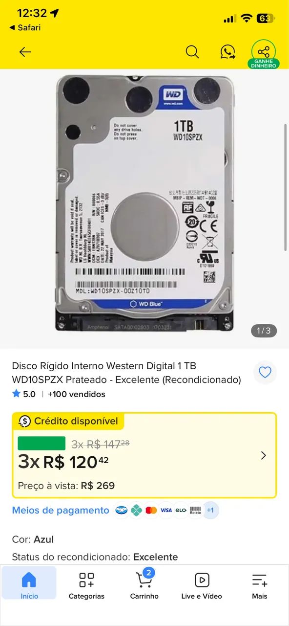 HD interno Notebook WD 1Tb