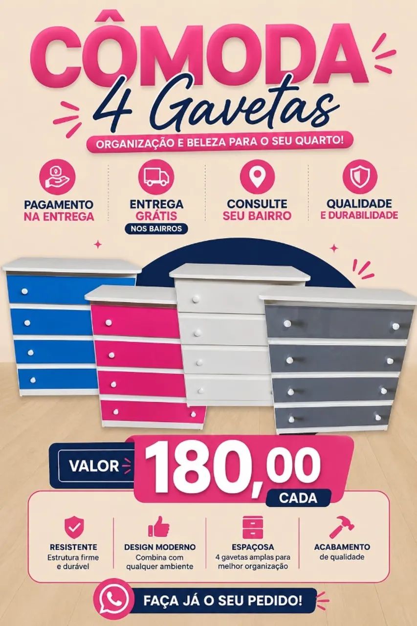 Cômoda em MDF 4 gavetas 180$ entrega gratis