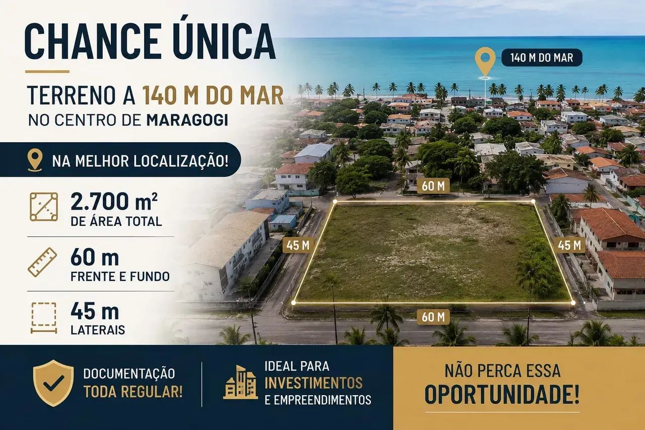 Terreno com 2.700 m² a 140m do mar no centro de Maragogi, melhor local! - Foto 2