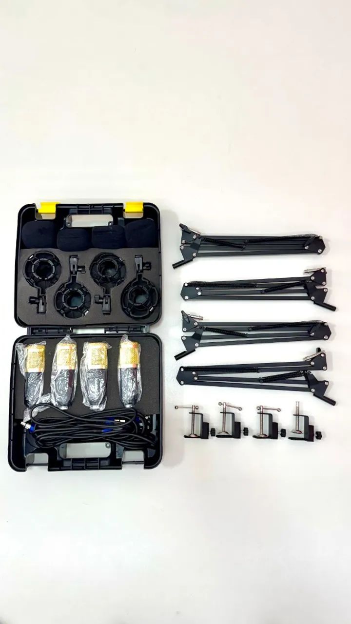 Kit Podcast 4 Microfones + Braços + Shock Mounts + Maleta