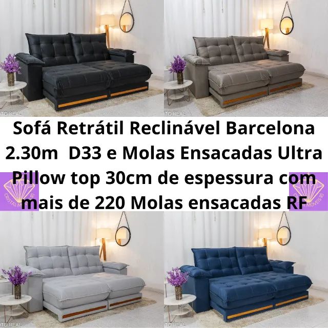 Sofá Retrátil Reclinável Barcelona 2.30m Veludo- D33 e Molas Ensacadas