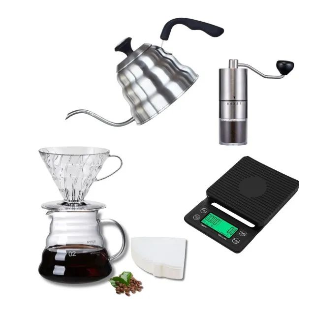 Conjunto V60 02 Jarra 600 ml e Porta Filtro Acrílico Moedor Balança Chaleira 50 Filtros