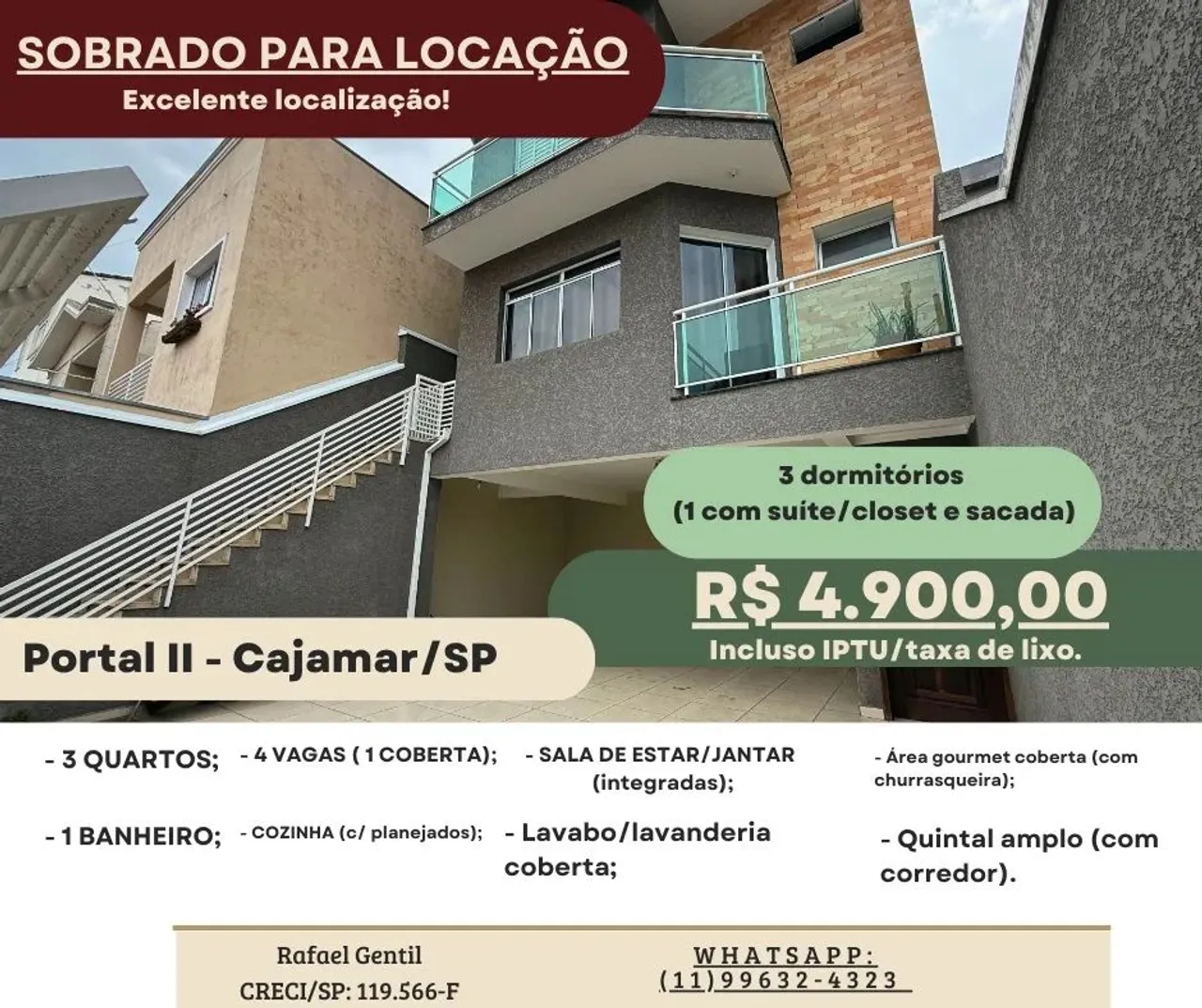 Sobrado para locação em Cajamar, Portais II, 3 dorms, suíte, 4 vagas, área gourmet e muito