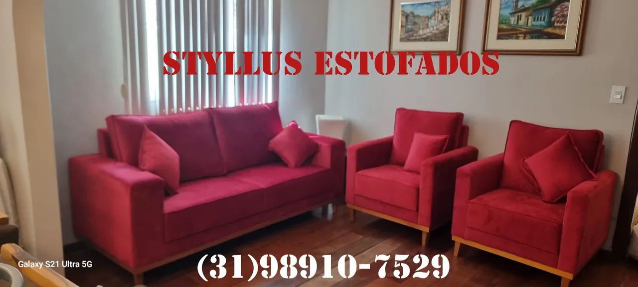 Conjunto de Sofá 3 Lugares e 2 Poltronas Vermelhas