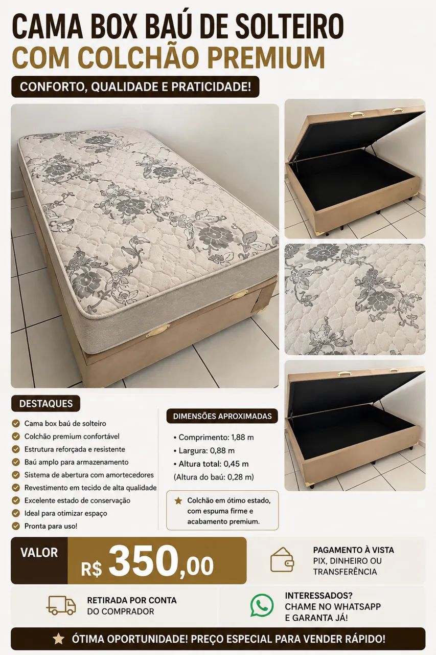 Cama Box Baú de Solteiro + Colchão Premium 