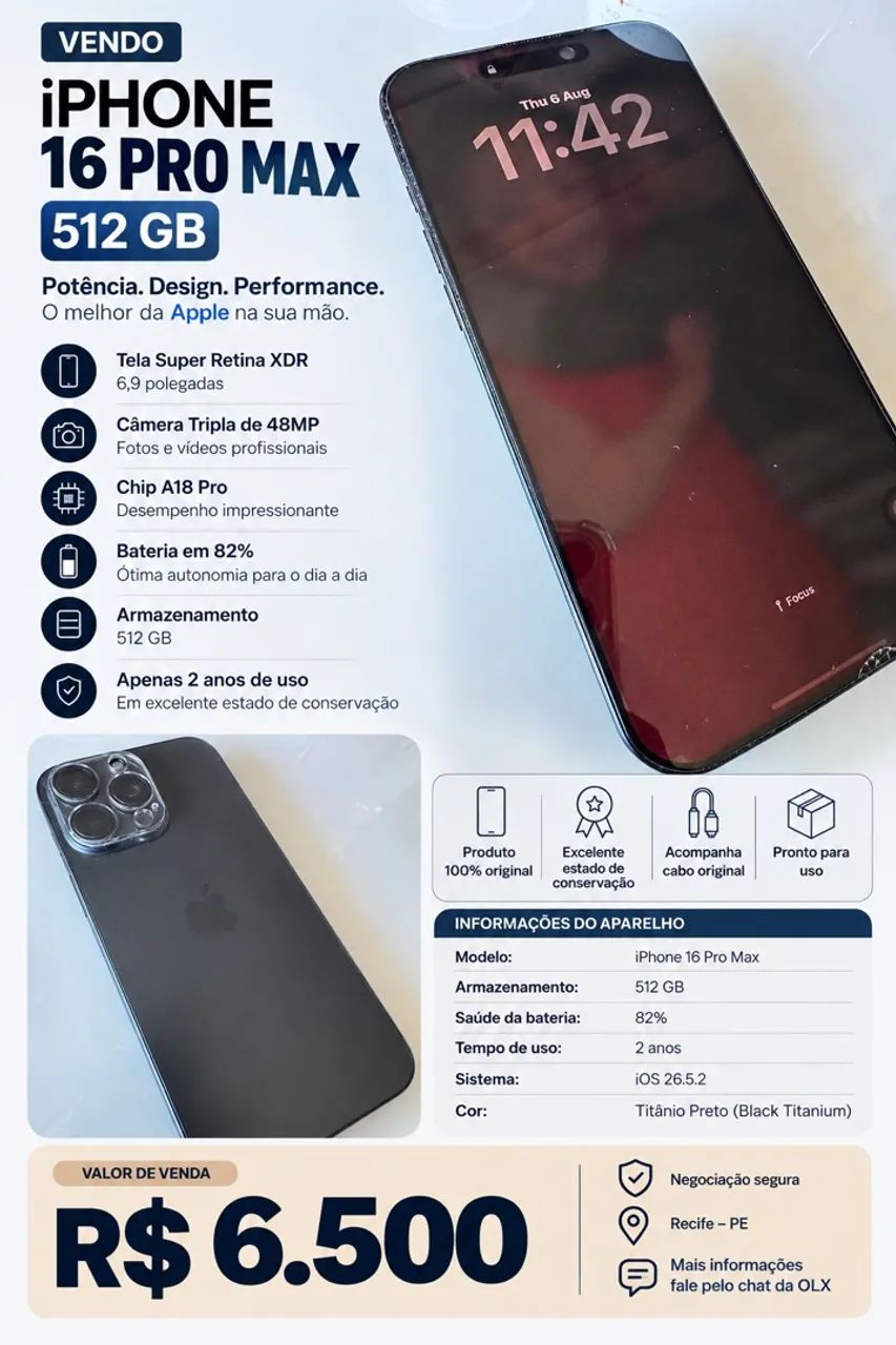 iPhone 16 Pro Max 512GB - Original | 82% de Bateria