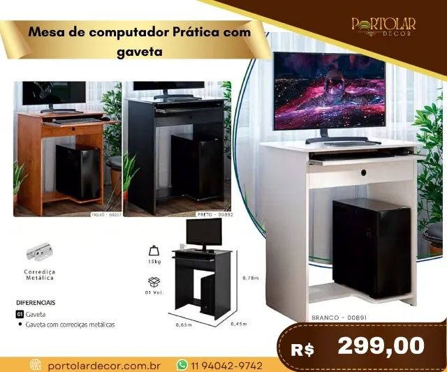 Mesa de computador prática com gaveta, a pronta entrega 