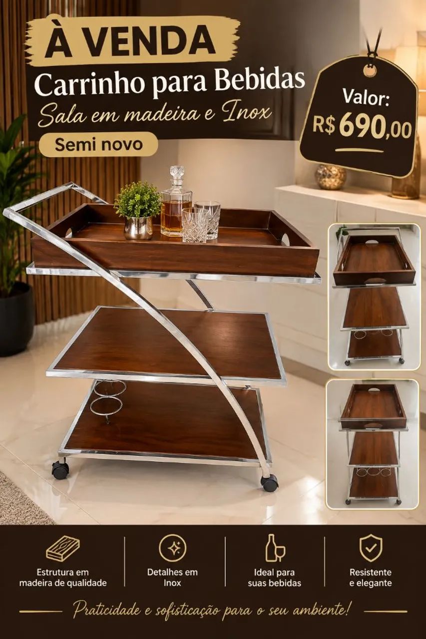 Carrinho para bebidas sala madeira e inox 