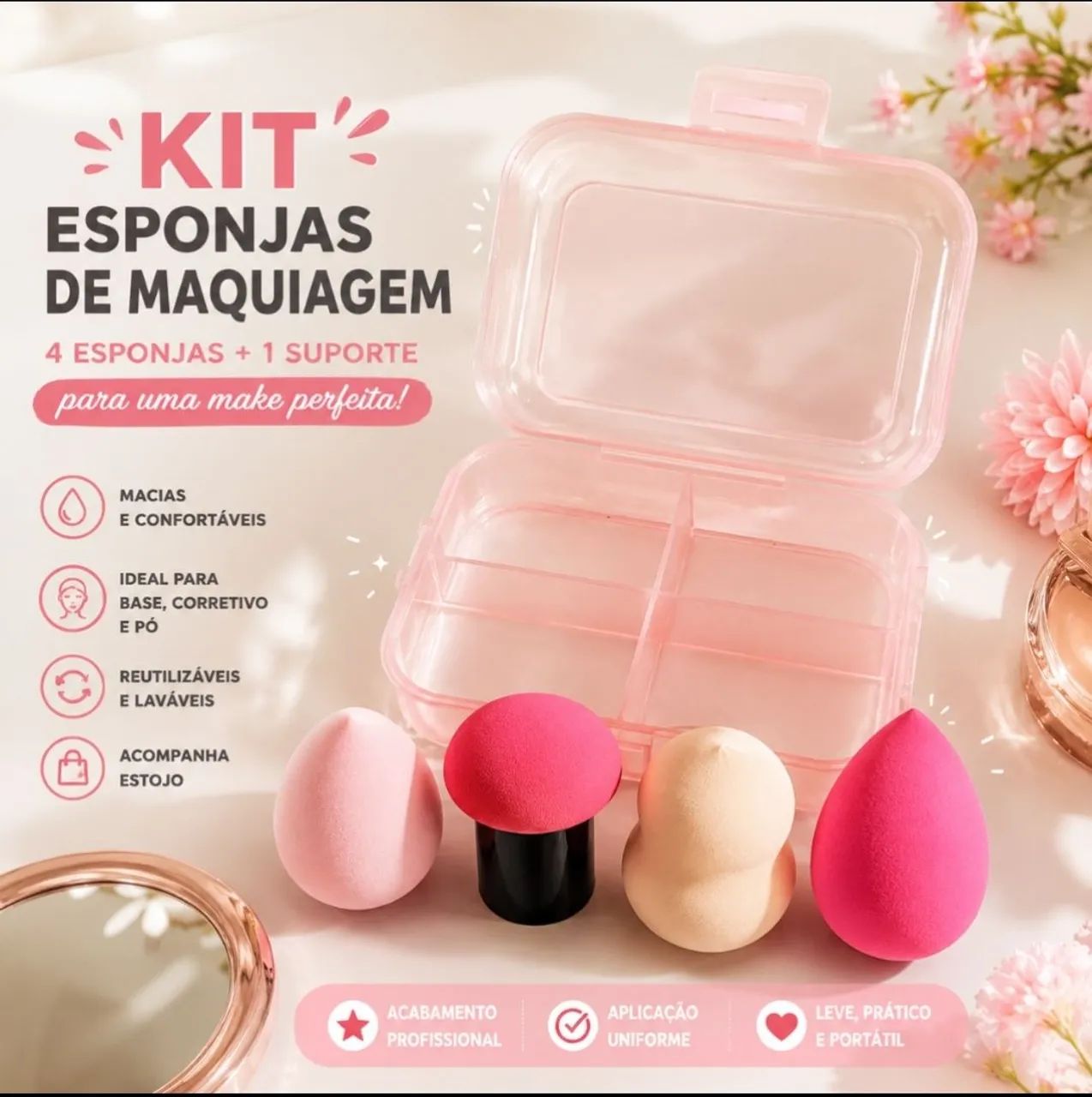 Kit com 4 Esponjas para Maquiagem com Estojo - Novo