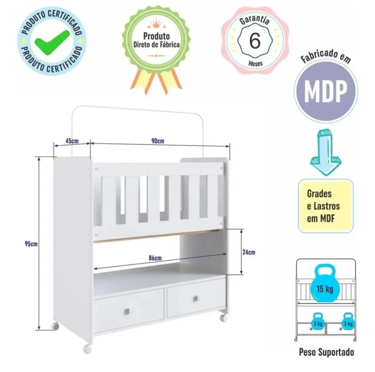 Mini Berço Infantil Moisés Com Rodas E 02 Gavetas Branco  - Foto 5