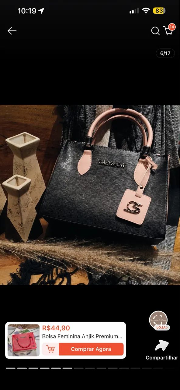 Bolsa gabi show preta com rose 