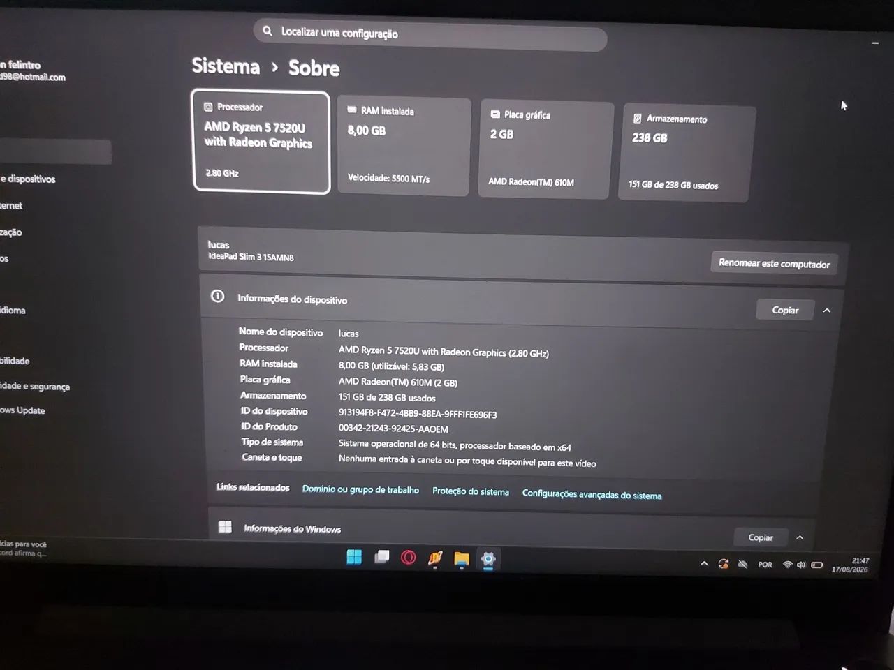 Notebook Ryzen 5 7520U Placa de vídeo 2Gbs - Foto 2