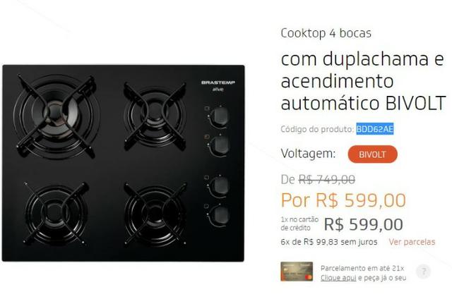 Fogão Cooktop 4 bocas Brastemp - NOVO