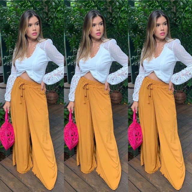 Calça Pantalona Tecido Viscose Cor Mostarda