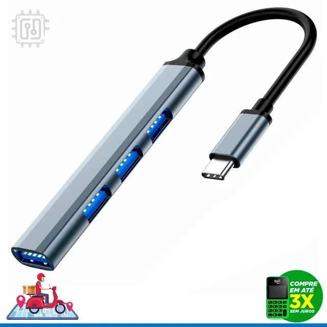 Hub USB-C Tipo C 4 Portas 1x USB 3.0 3x USB 2.0 Slim OTG Extensor PC Notebook Smartphone