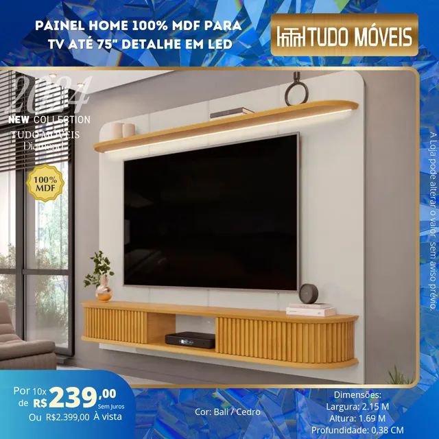 PAINEL HOME 100% MDF P/ TV ATÉ 75" / DETALHE EM LED - 2 PORTAS - Foto 2