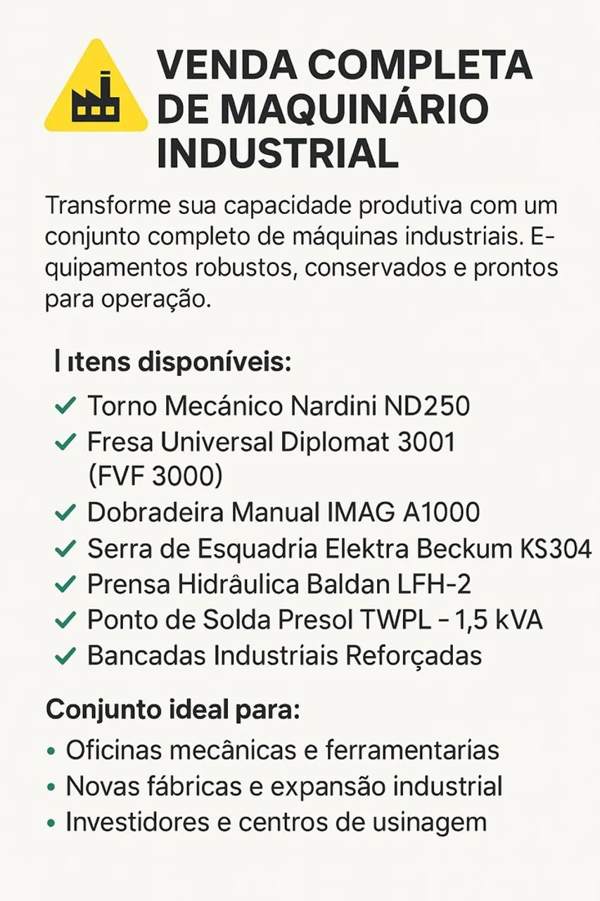 VENDA COMPLETA DE MAQUINÁRIO INDUSTRIAL