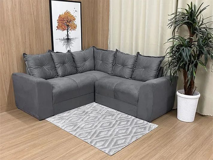 Sofá de Canto Suede Cinza 5 Lugares com Almofadas Soltas