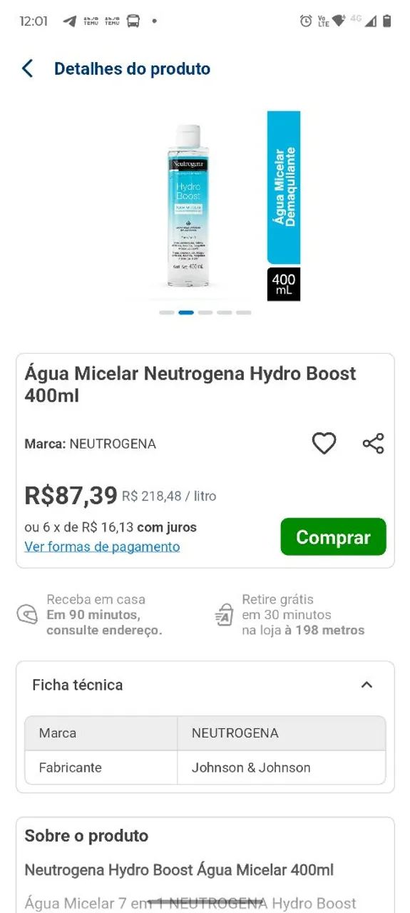 Água Micelar Neutrogena Hydro Boost 400ml