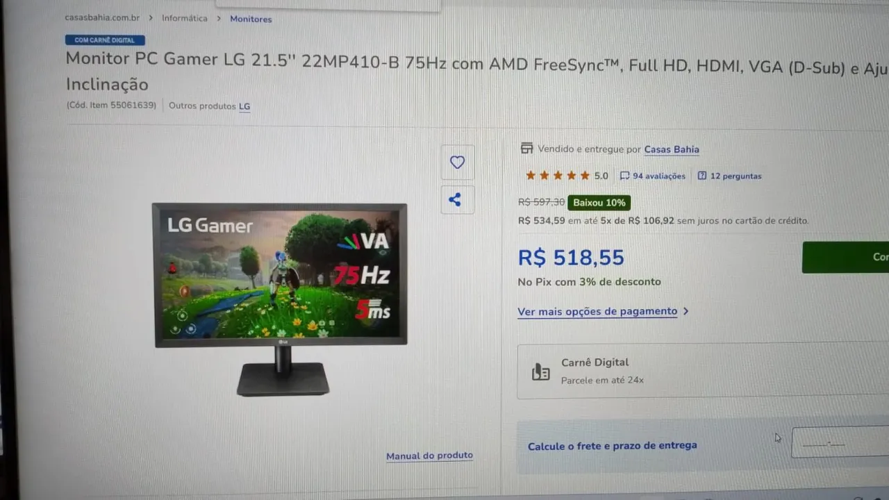 Monitor Gamer LG 21.5' 22MP410-B 75Hz Full HD